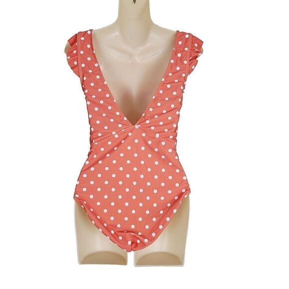 NEW Marina West Swimsuit M Coral Orange Polka Dot Deep V Ruffle Sleeve One Piece - Picture 5 of 8
